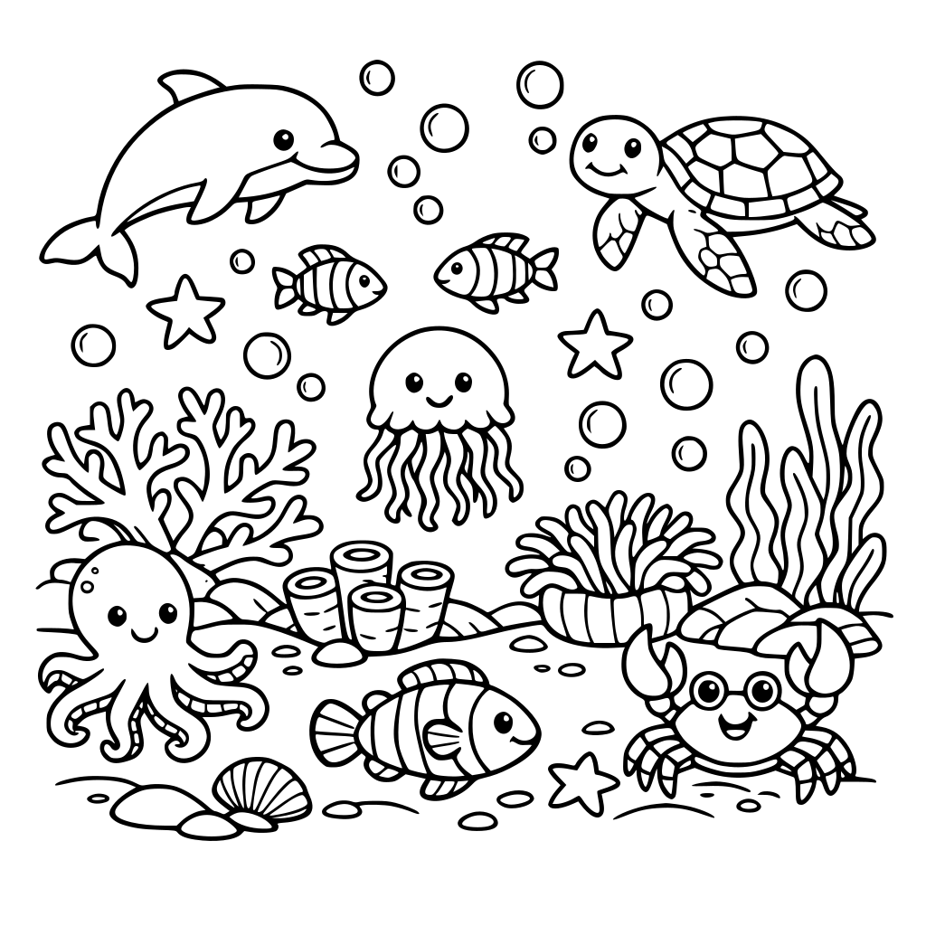 underwater ocean scene with sea creatures, coral reefs and seaweed. include other marine elements like bubble