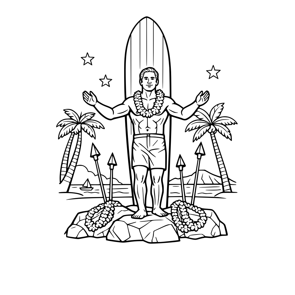 Duke Kahanamoku statue with beach in the background