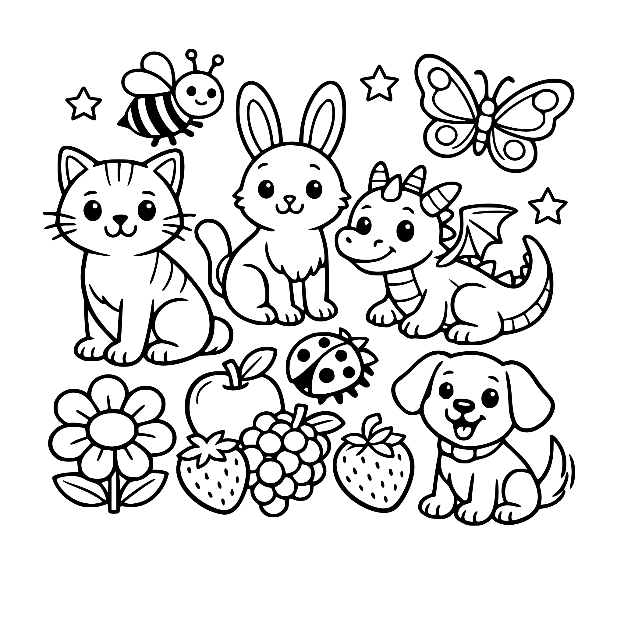 Gato, coelho, abelha, borboleta, joaninha, dragão, cão, flor, frutas