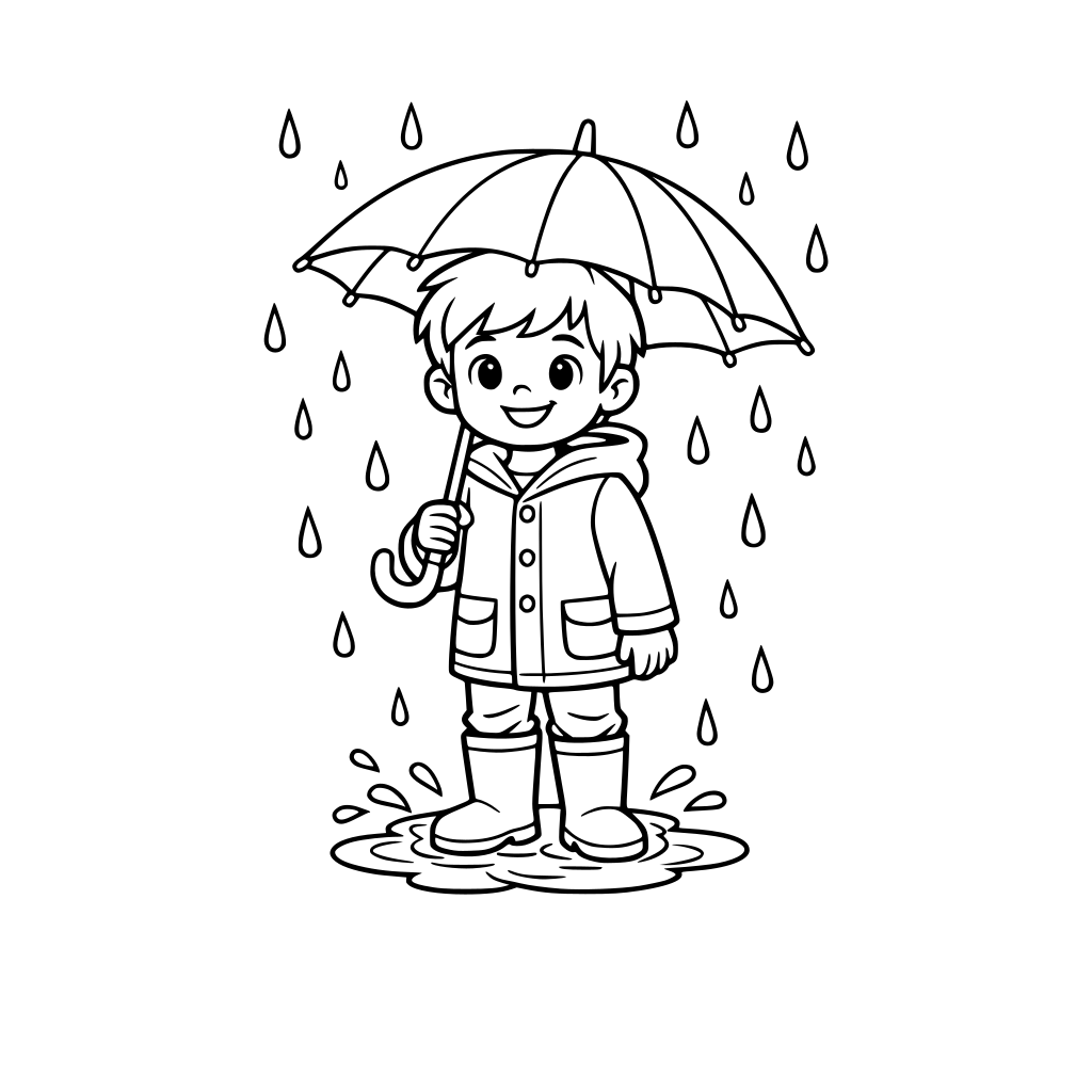 a boy standing in the rain with umbrella and rain boots