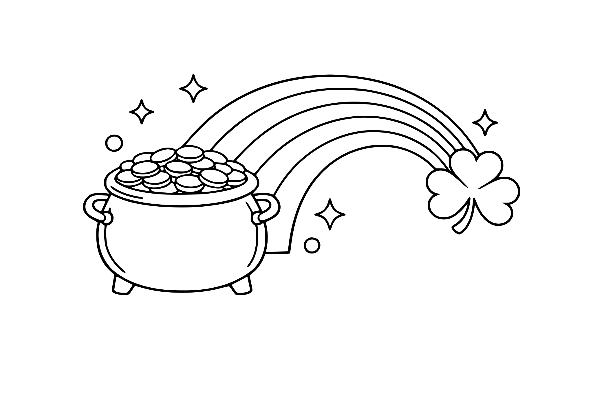 kociołek ze złotem św. patryka z wychodzącą z niego tęczą i koniczynką po drugiej stronie tęczy