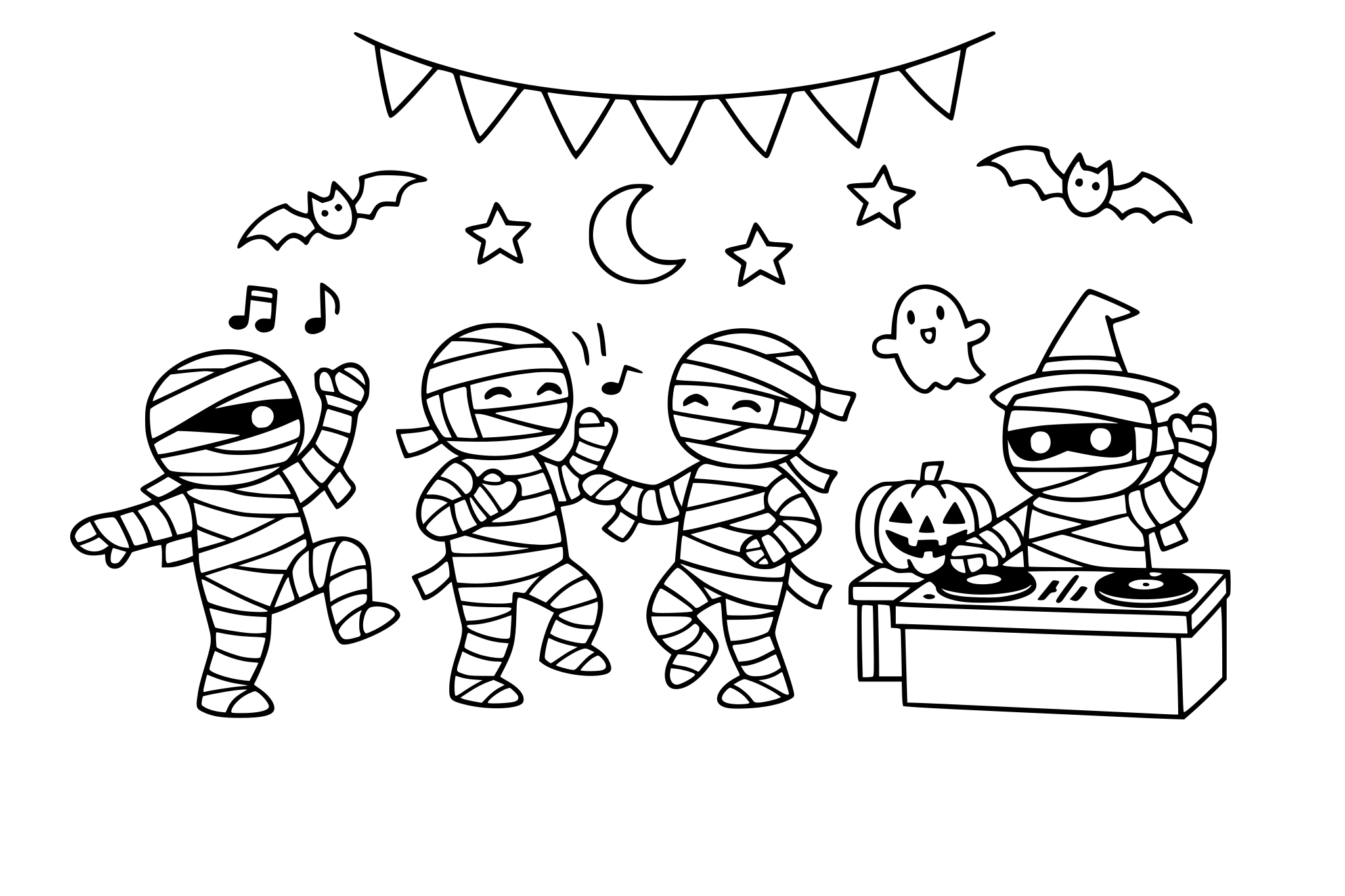 Halloween Mummys are having a dance party. minimalist line.