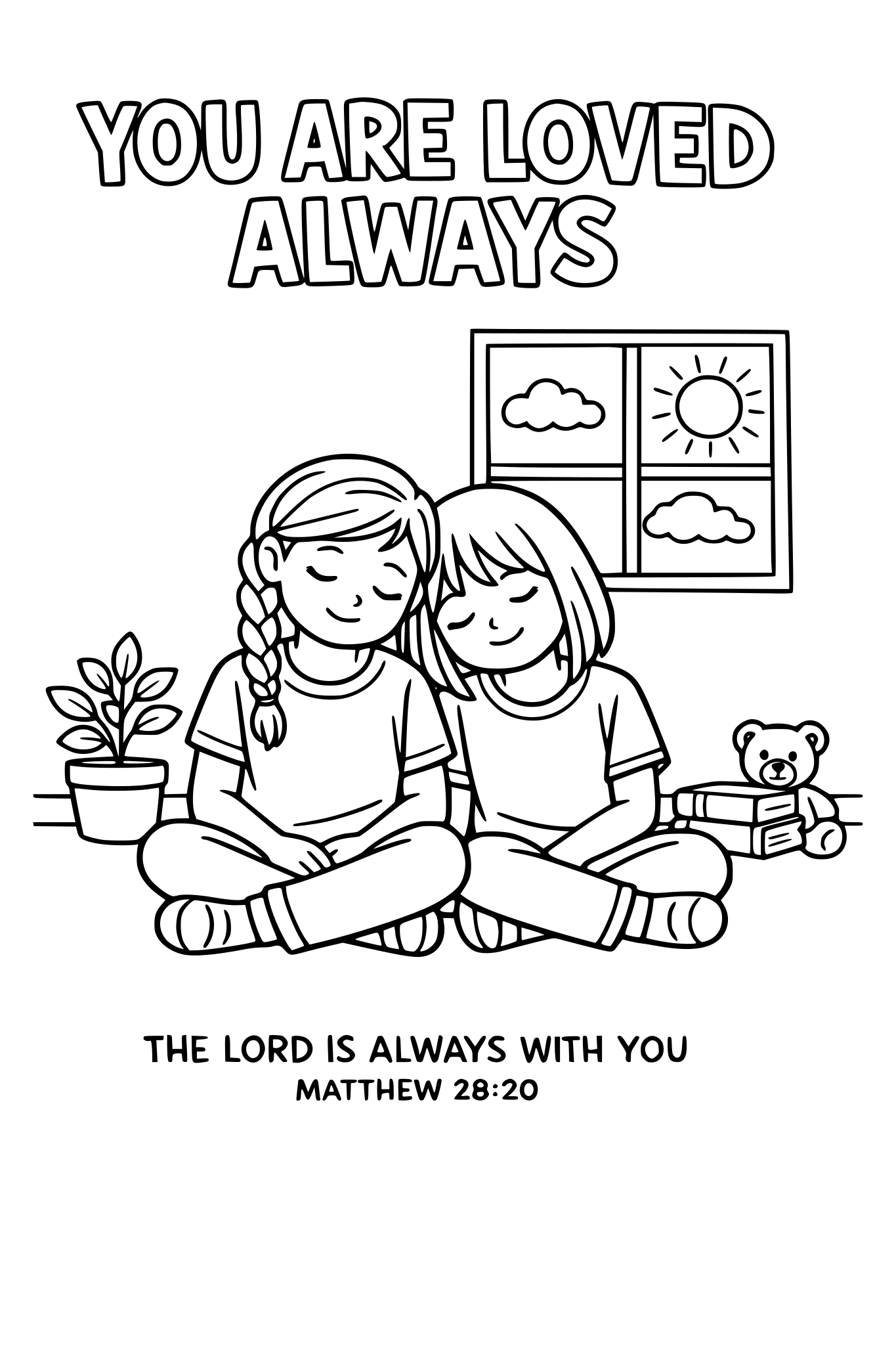 Black and white coloring page, simple kids line art, 2 child