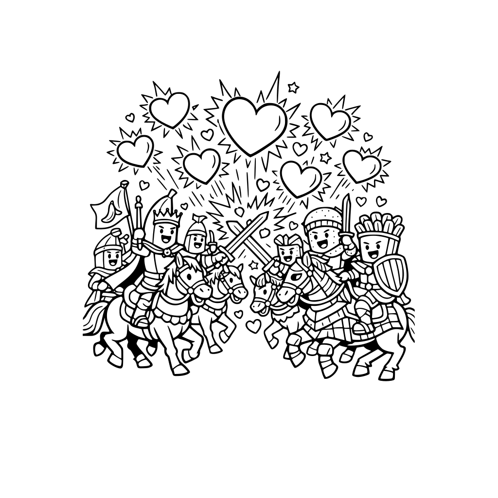 A banana kingdom fighting a chip kingdom all riding horses and there are hearts exploding everywhere.