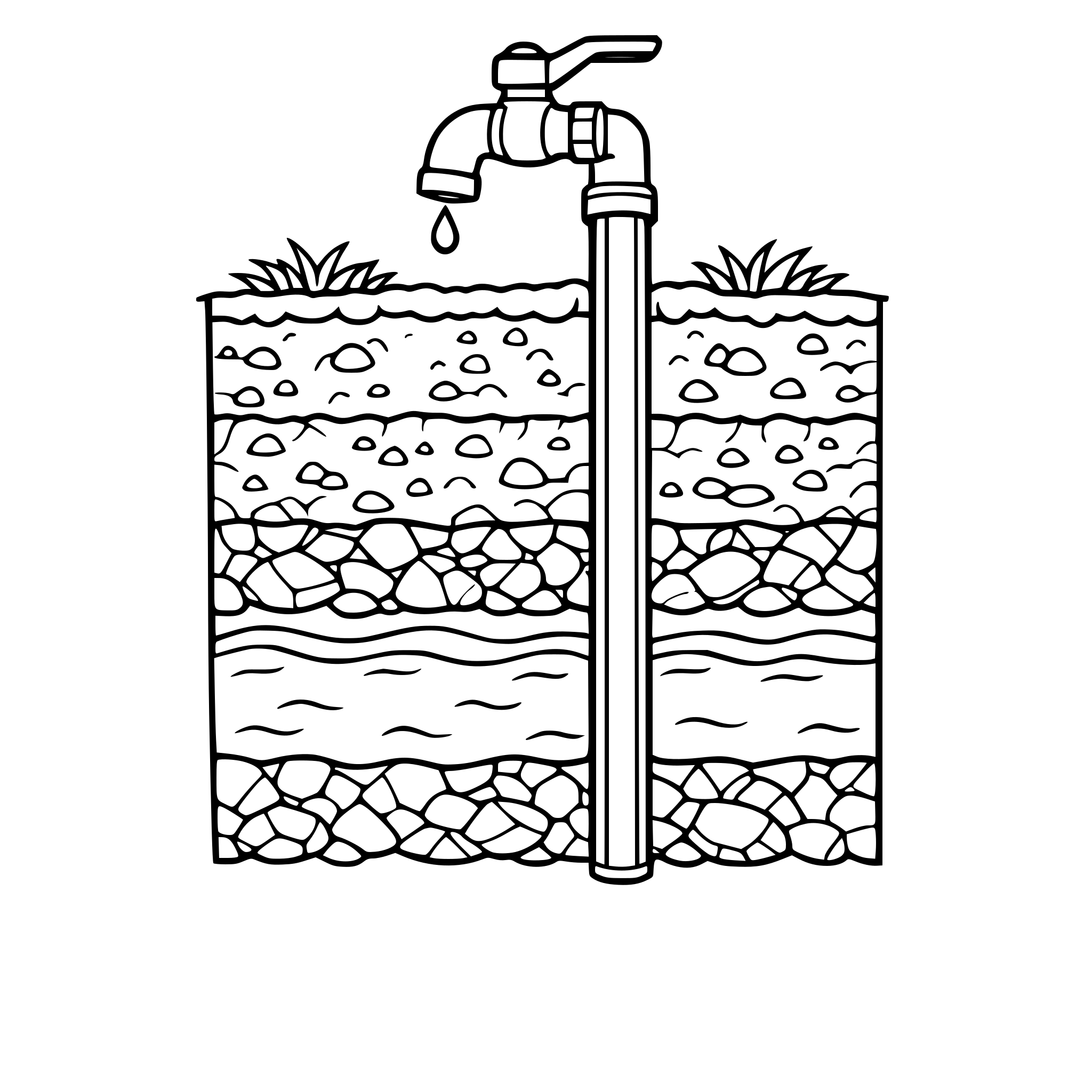 a groundwater and modern well spigot showing layers of grade, dirty, rock, then water, then rock