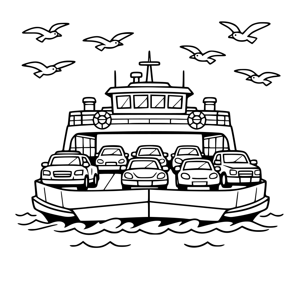 ferry boat with cars on top and birds flying overhead.
