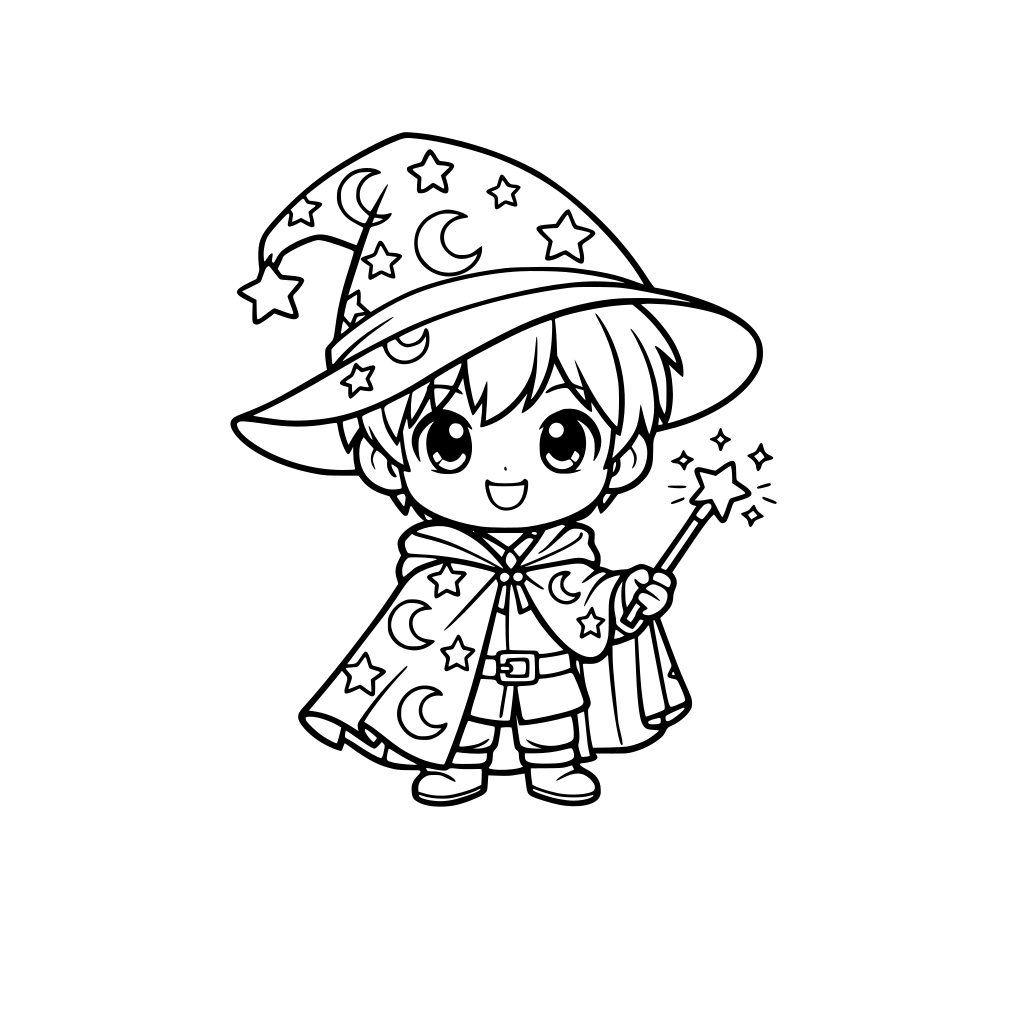 chibi boy wizard in a hat and cloak covered in starts and moons holding a wand