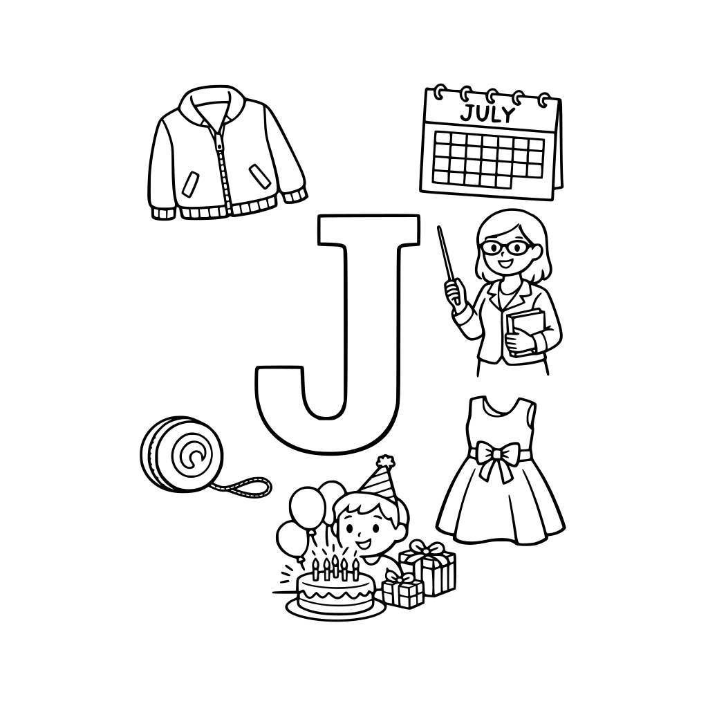 A coloring page with in the middle the letter j that the children can color in. With small objects around that. I want to see these objects: a jacket, a jojo, a dress, a teacher, a calender on july, a person's birthday.