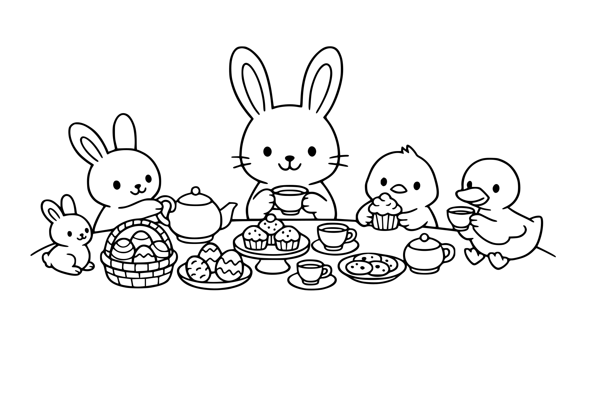 a bunny at an Easter tea party with his bunny, chick, and duck friends minimalist line.