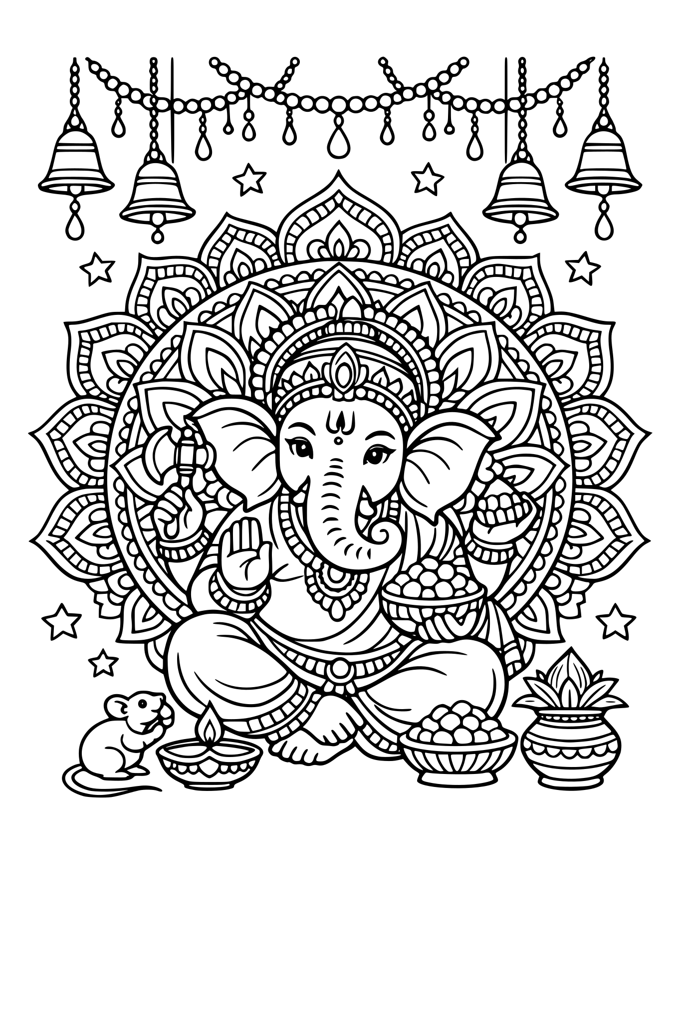 Indian themed Ganpati festive mandala art pages. They should unique and beautiful