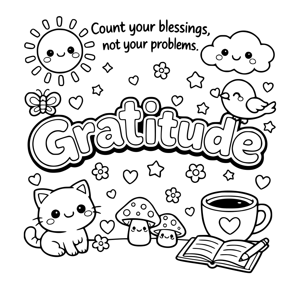 A sheet on gratitude that is cute and for adults. kawaii, maybe a quote, gratitude word on it that's colorable. for a 8.5 x 11 poster