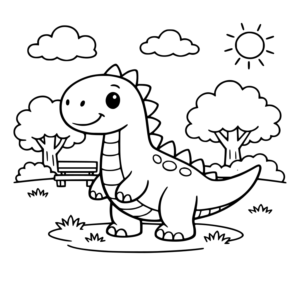 A simple dinosaur in a park with trees and clouds