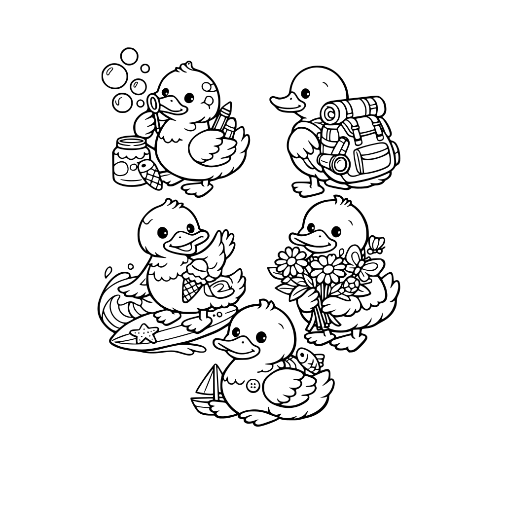 5 ducks: one blowing bubbles, one with a backpack, one with a wave and one with flowers, have a few items hidden in the ducks so it is like a hidden picture find