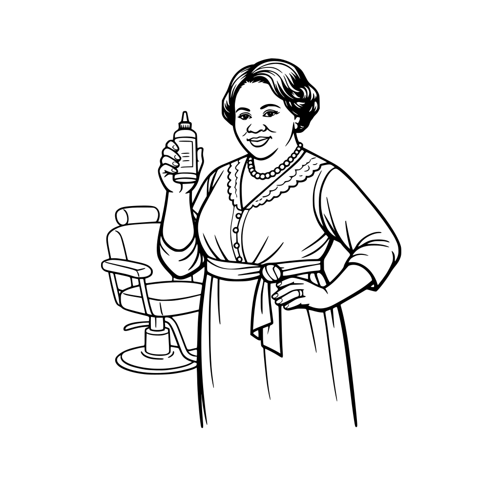 Madam C.J. Walker standing confidently holding a hair product bottle, warm smile, simple salon chair outline in background.