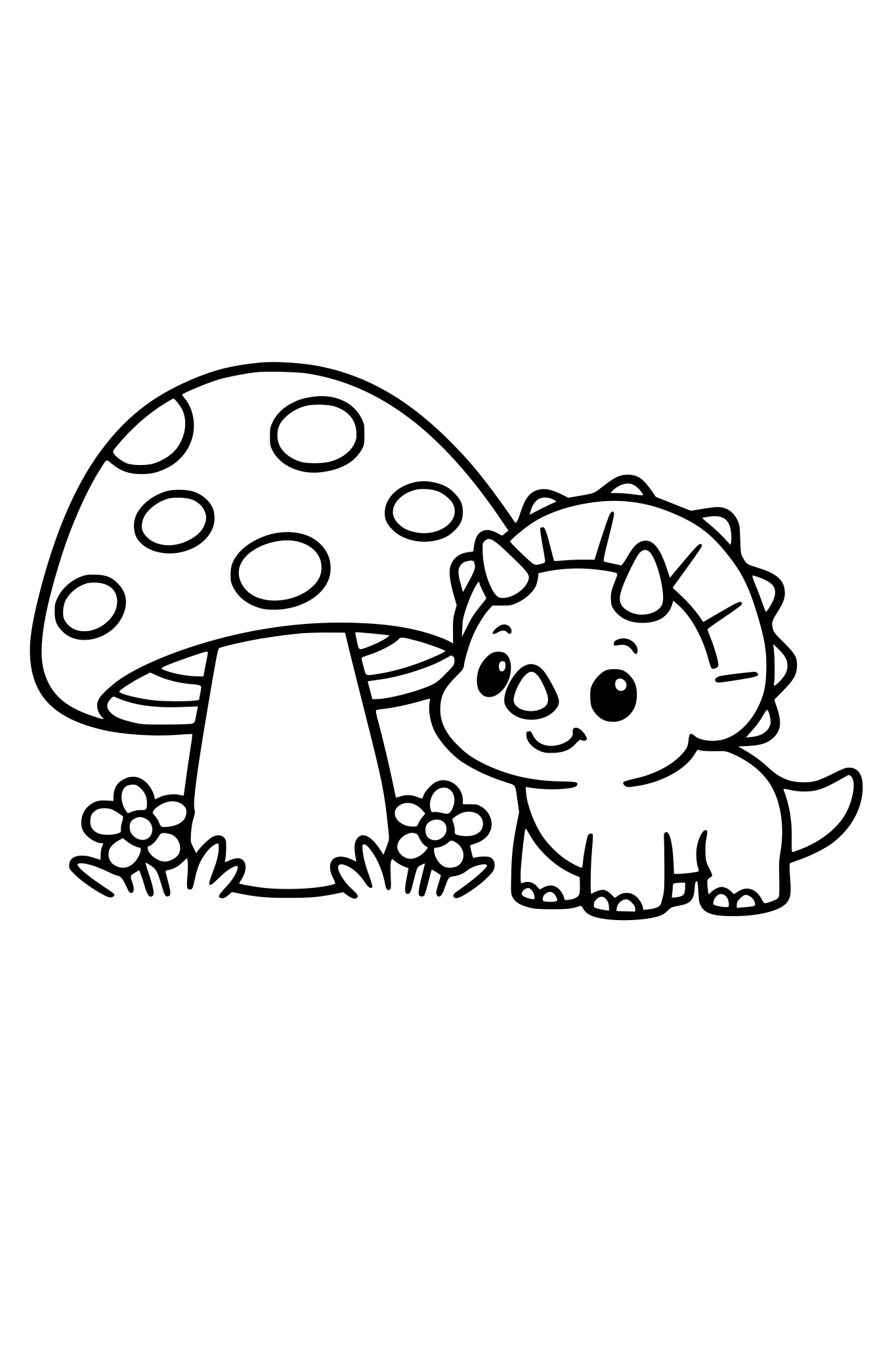Mały słodki triceratops stoi obok ogromnego grzyba, obrazek dla małych dzieci, bez szczegółów