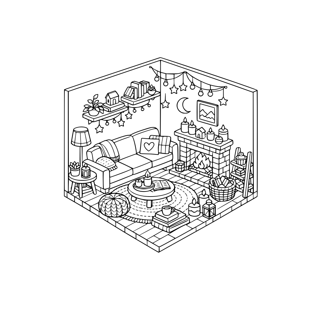 hygge style, cute and cozy, 3d isometric corner, living room, no animals, no characters