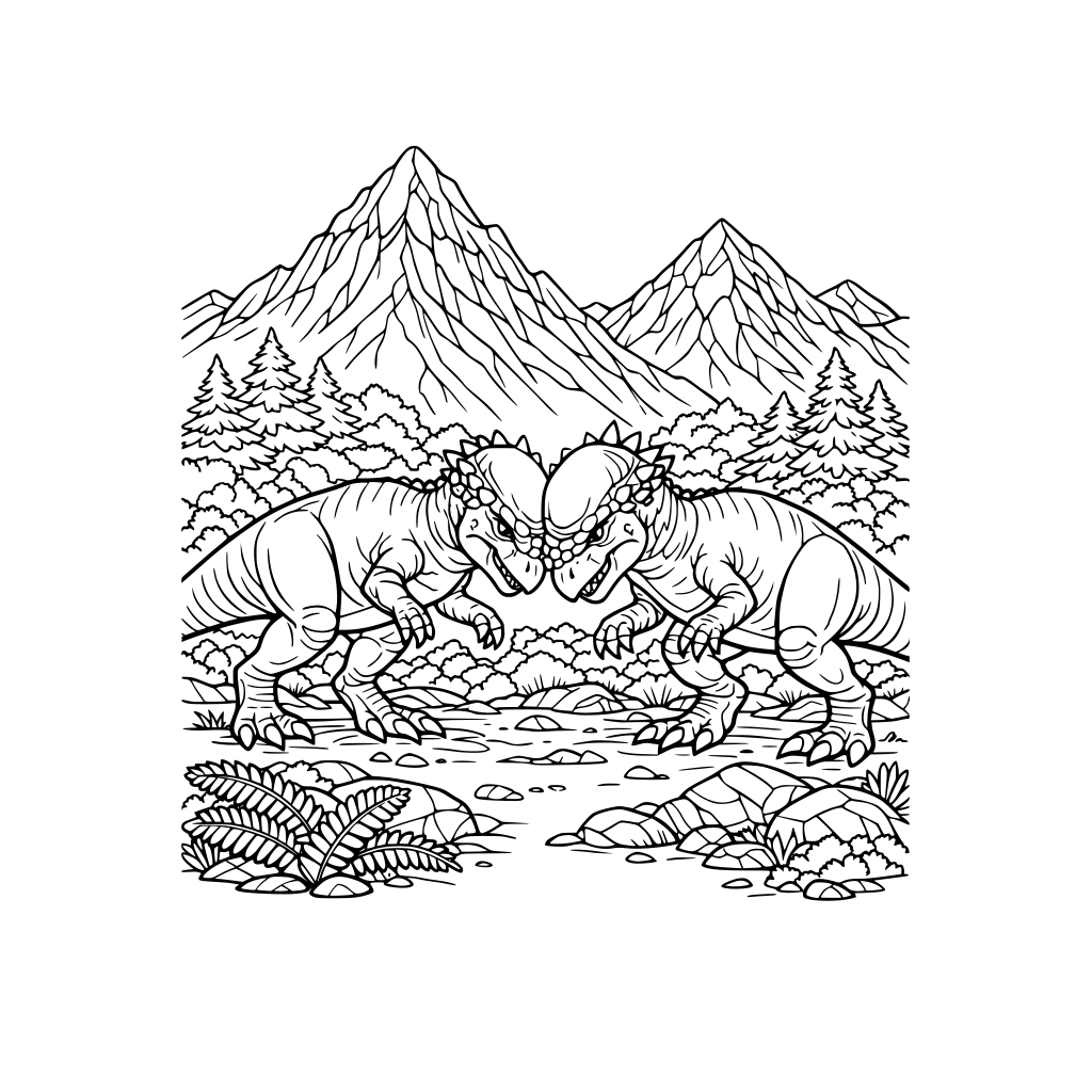 Portrait oriented coloring book page that is black and white with two Pachycephalosaurs butting heads together. Background has mountains. Fill the whole page with great detail to the top and bottom borders.