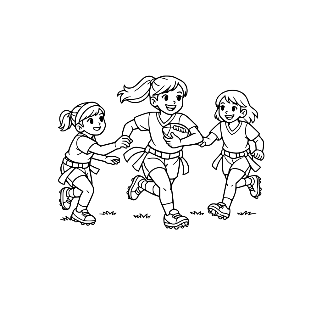 Girls playing flag football on a football field