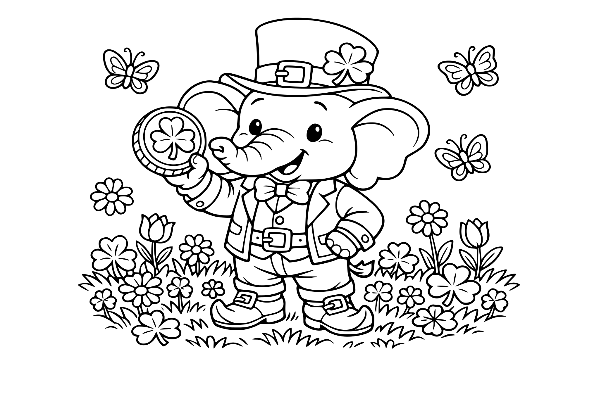 Elephant dressed like a leprechaun holding a gold coin standing on grass that is full of flowers butterflies and clover