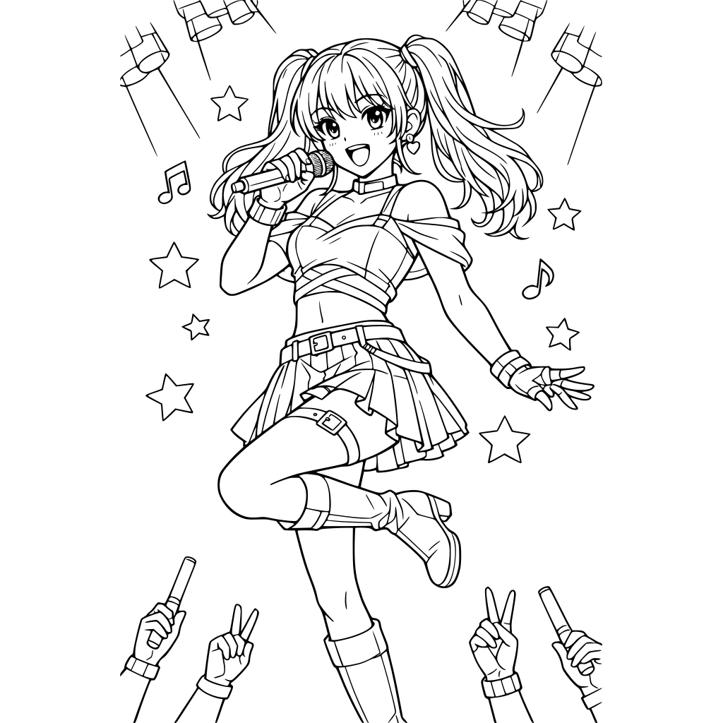 Portrait oriented coloring book page that is black and white with a k-pop singer performing at a concert. She is a young female pop star singing into a microphone while dancing. Fill the whole page top to bottom with great detail. Anime cartoon style.