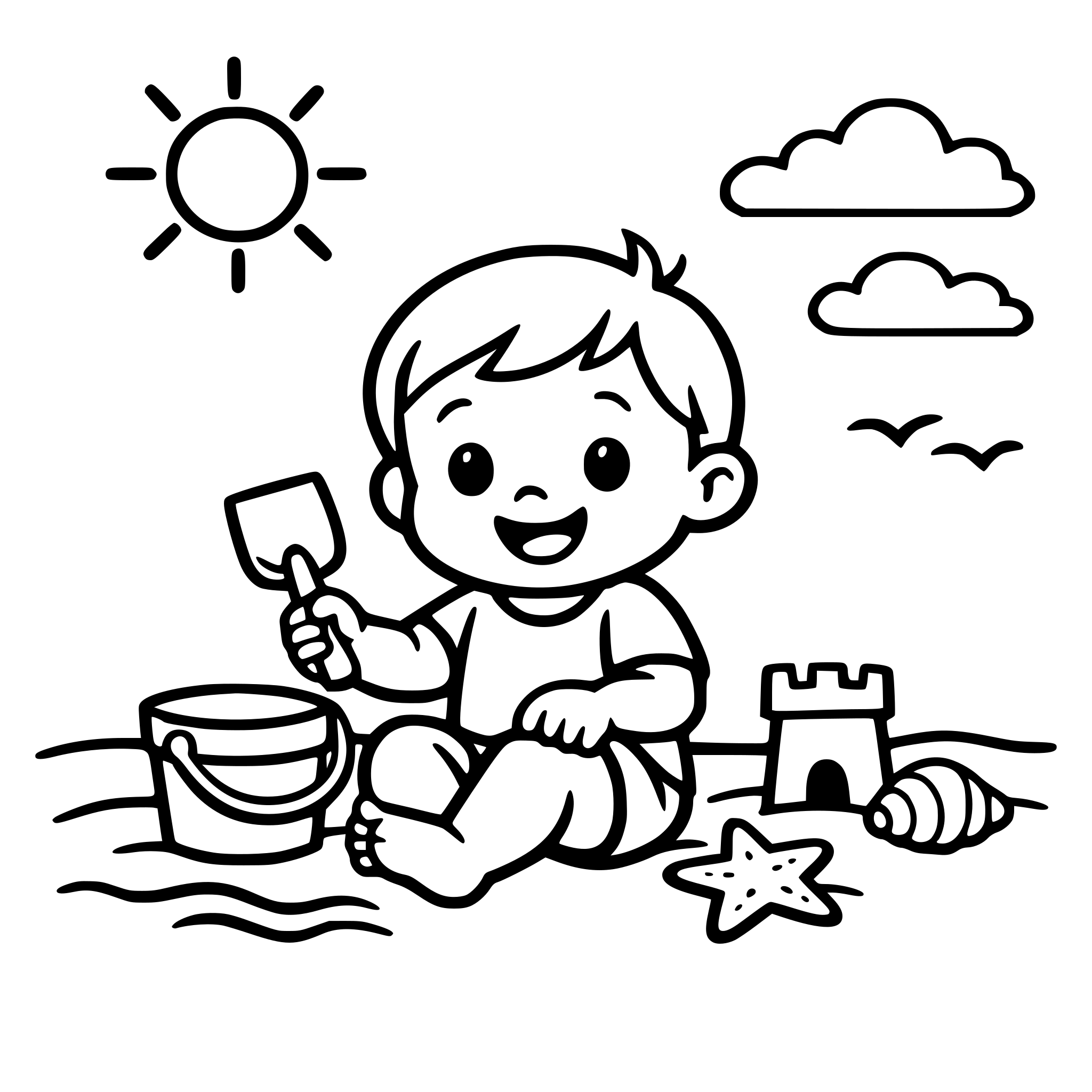 ​Simple kids coloring page, a toddler on a beach with shovel and bucket, bold black outlines, thick lines, wide open spaces, minimal detail, high contrast, black and white only, no shading, no gray, white background, 2D flat vector style."