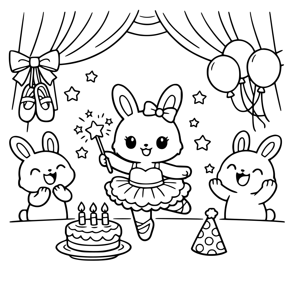 Curtain-framed stage with party props: ballet slippers, bow ribbon, balloons, cake with 3 candles; center bunny girl in tutu holding a wand, two bunny friends cheering