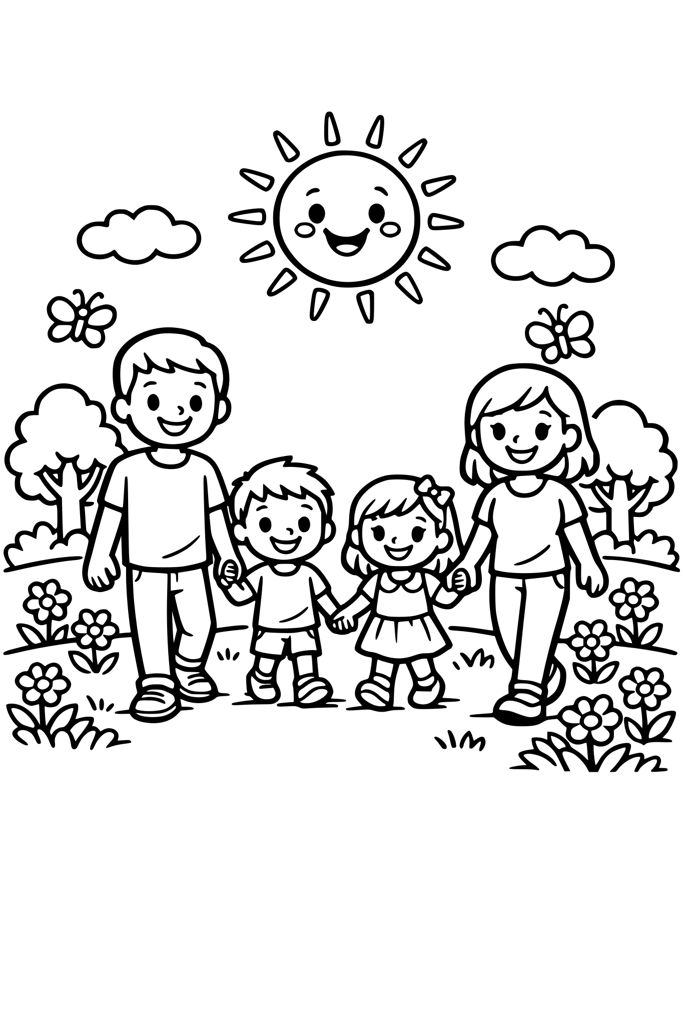 cute kids coloring page, happy family walking together in a park, boy and girl holding hands with parents, trees, flowers and butterflies around, smiling sun in the sky, simple shapes, thick outlines, black and white coloring page