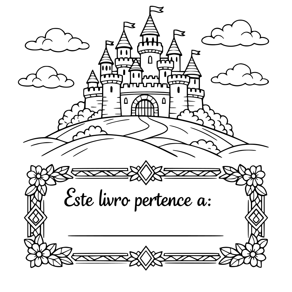 Um castelo em uma colinPágina de Rosto: "Este livro pertence a: _____" (Desenho de moldura floral/geométrica).a com nuvens