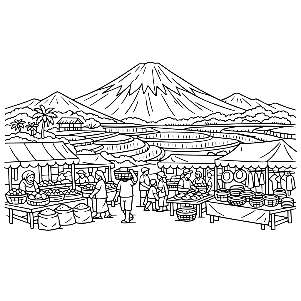 pemandangan sawah, gunung dan pasar.