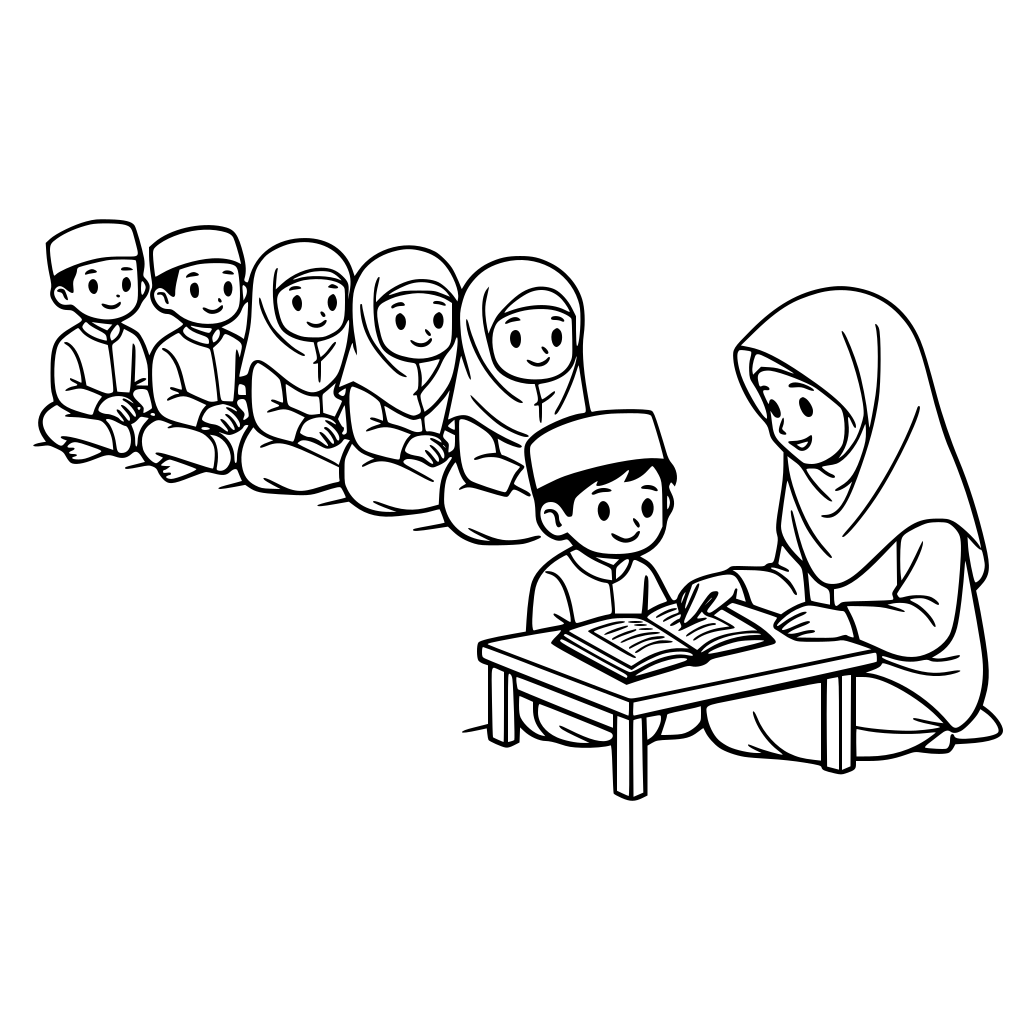 Buat gambar anak muslim laki dan perempuan sedang duduk berbaris rapi menunggu antrian mengaji, didepannya ada seorang ustadzah duduk didepan meja sedang mengajar seorang anak