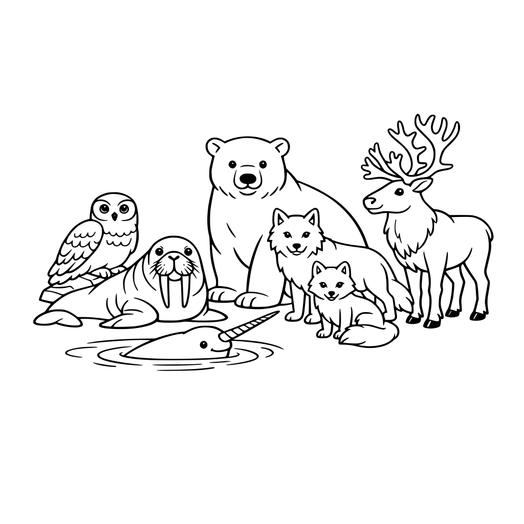 arctic tundra scene with the animals: snowy owl, polar bear, arctic wolf, arctic fox, walrus, narwhal and caribou