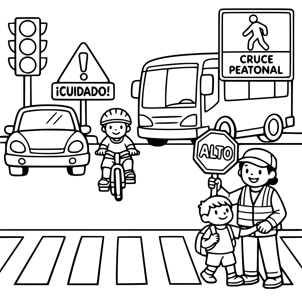 Un libro de colorear de seguridad vial, la calle, vehículos