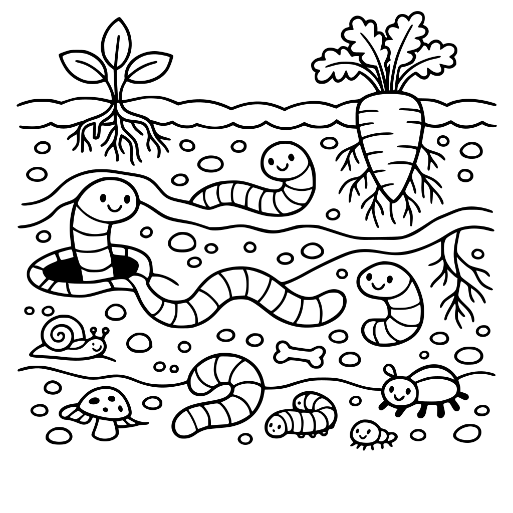 soil coloring page for children with worms roots etc