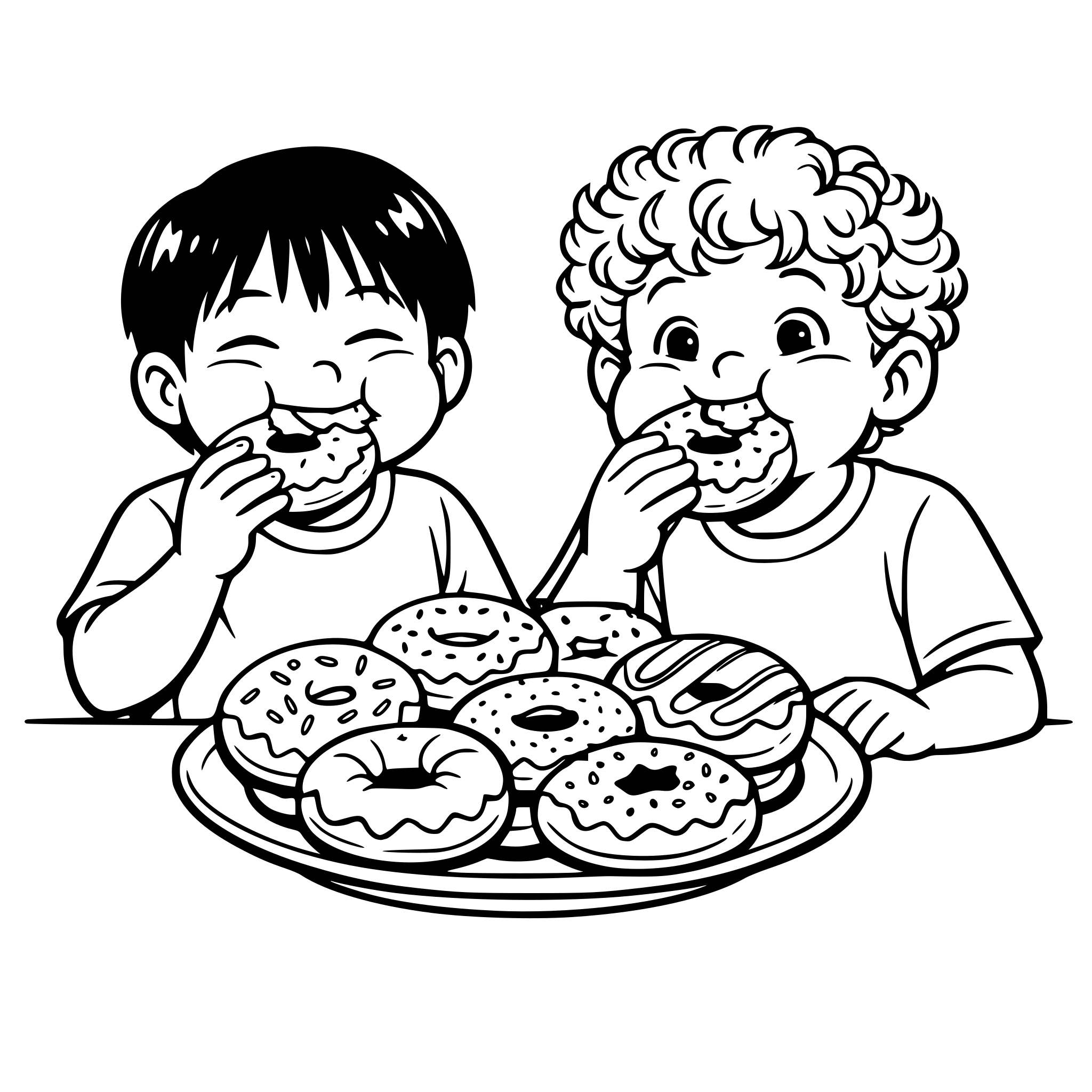 Create an image of a realistic asian boy and realistic curly light hair boy eating a plateful of big donuts. One of the boys has thin eyes. Their mouths are full chewing. White background, isolated.