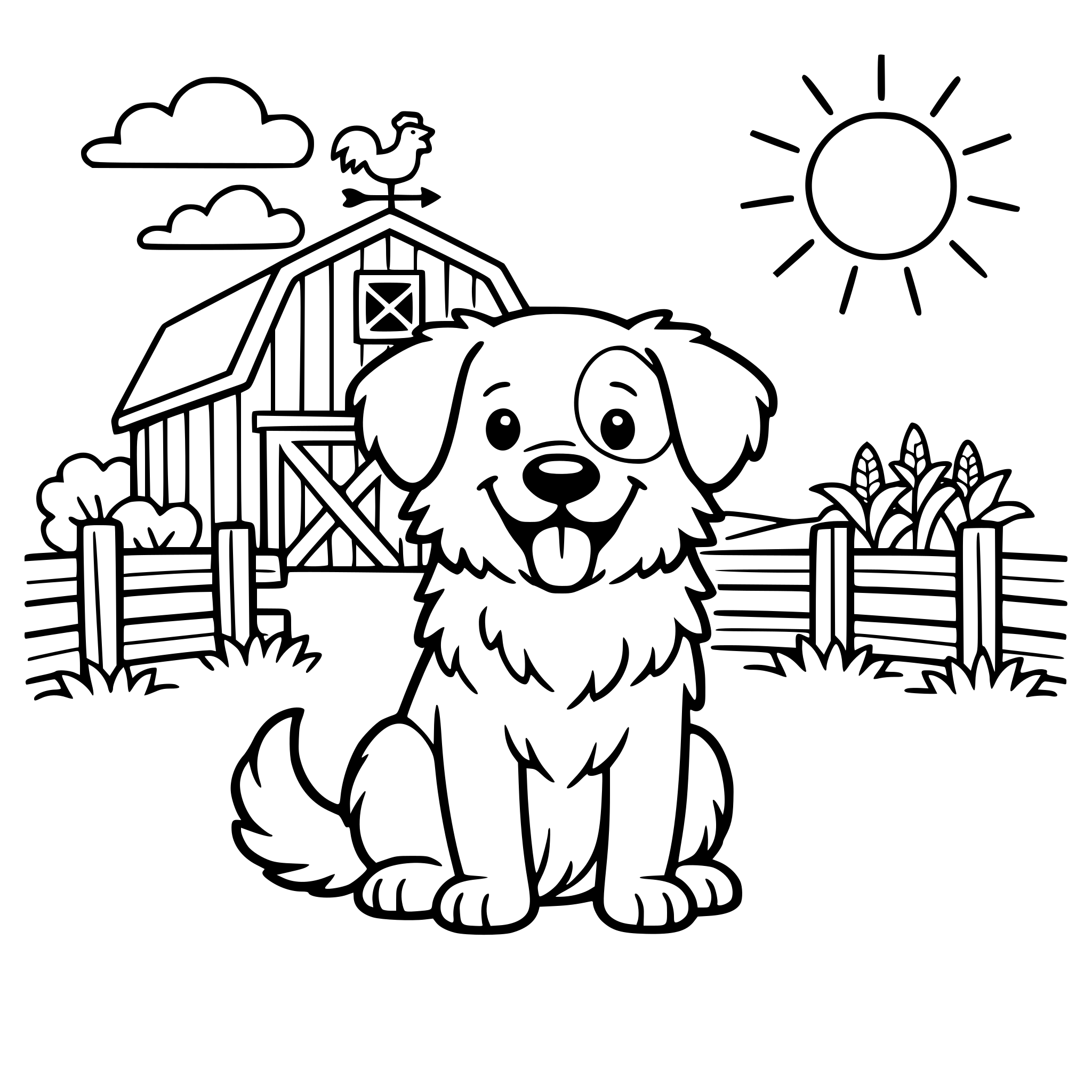 A cute farm dog sitting and smiling, with a barn and fence behind