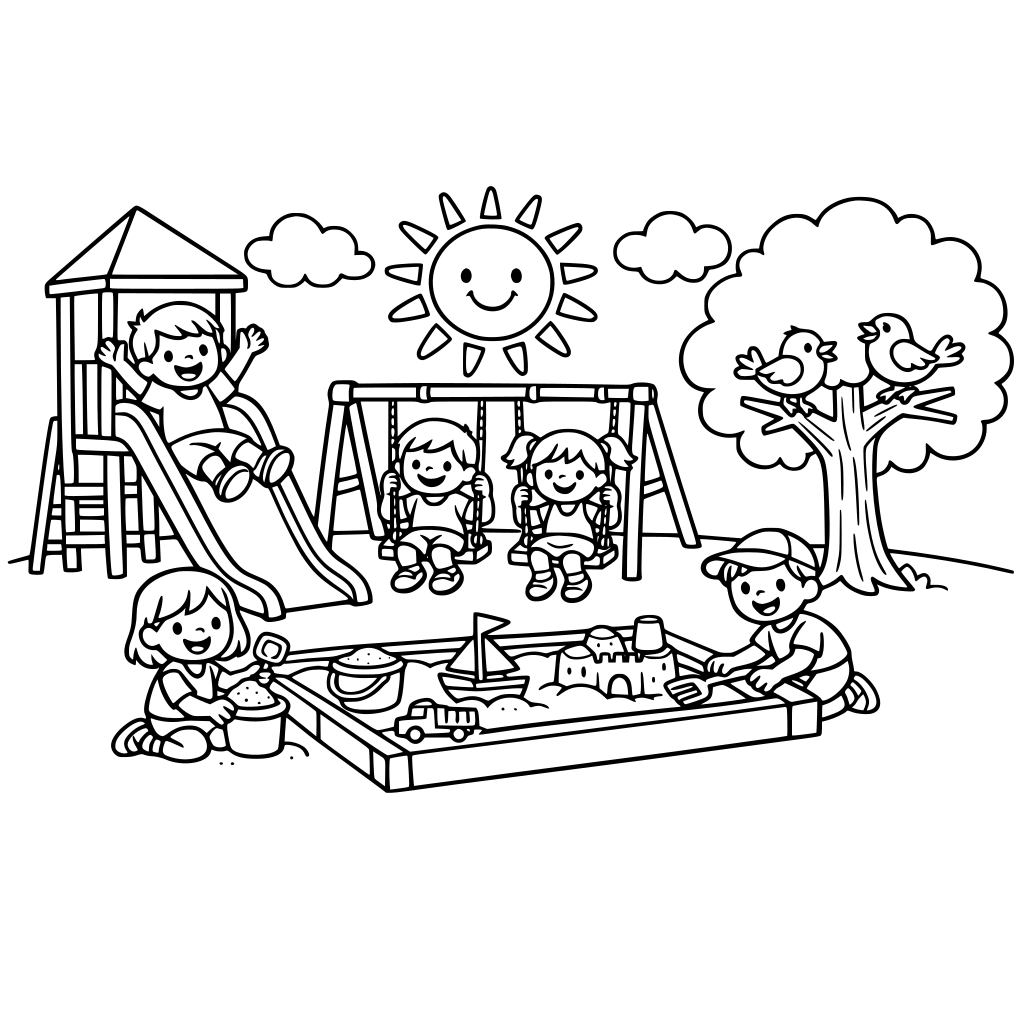 Coloring page of children playing at a playground. Include slides, swings, a sandbox with toys, a tree with birds, and a bright sun with clouds. Bold, thick outlines, simple shapes, large spaces for coloring, cheerful and kid-friendly.