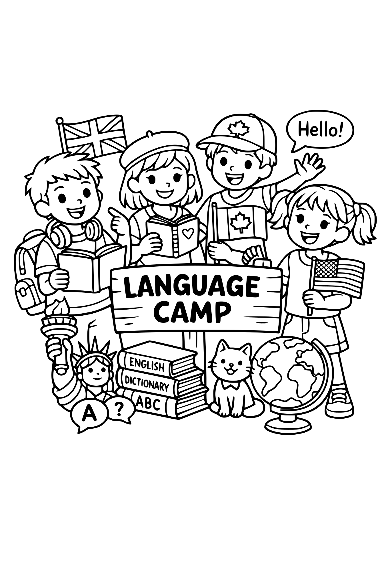 Wygeneruj mi kolorowankę dzieci na obozie językowym. Dzieci w wieku 7-9 lat.
