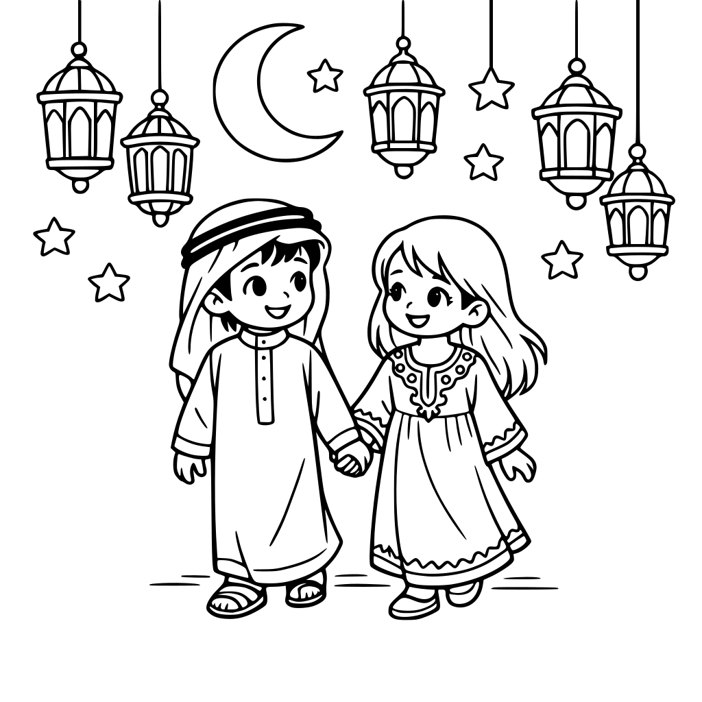a little Arab boy and girl walking together at night, boy wearing a traditional Bahraini thobe, girl wearing a Ramadan jalabiya, no hijab, hanging lanterns above them, crescent moon and stars in the sky, soft magical cute vibe