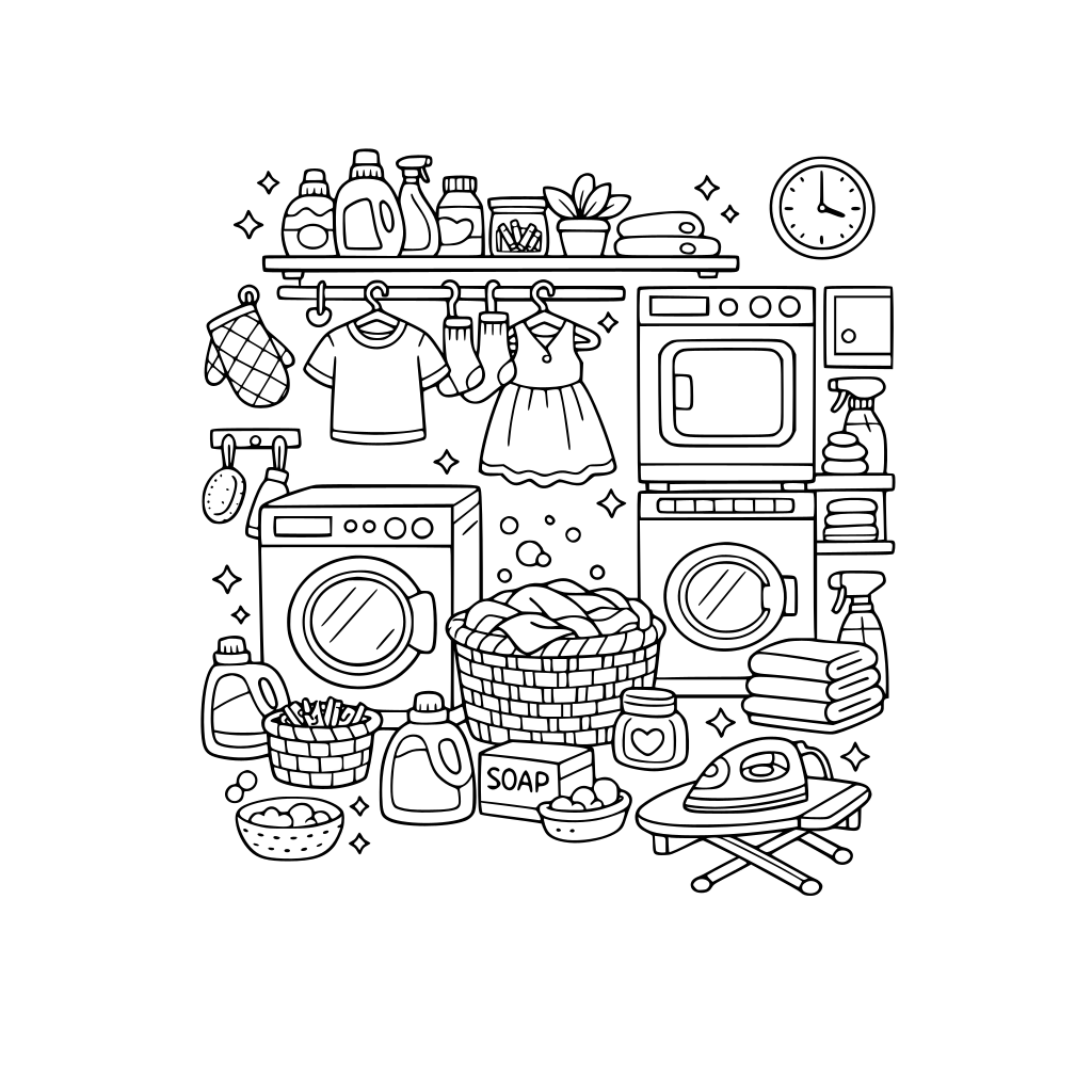 cute kawaii laundry room. no animals.