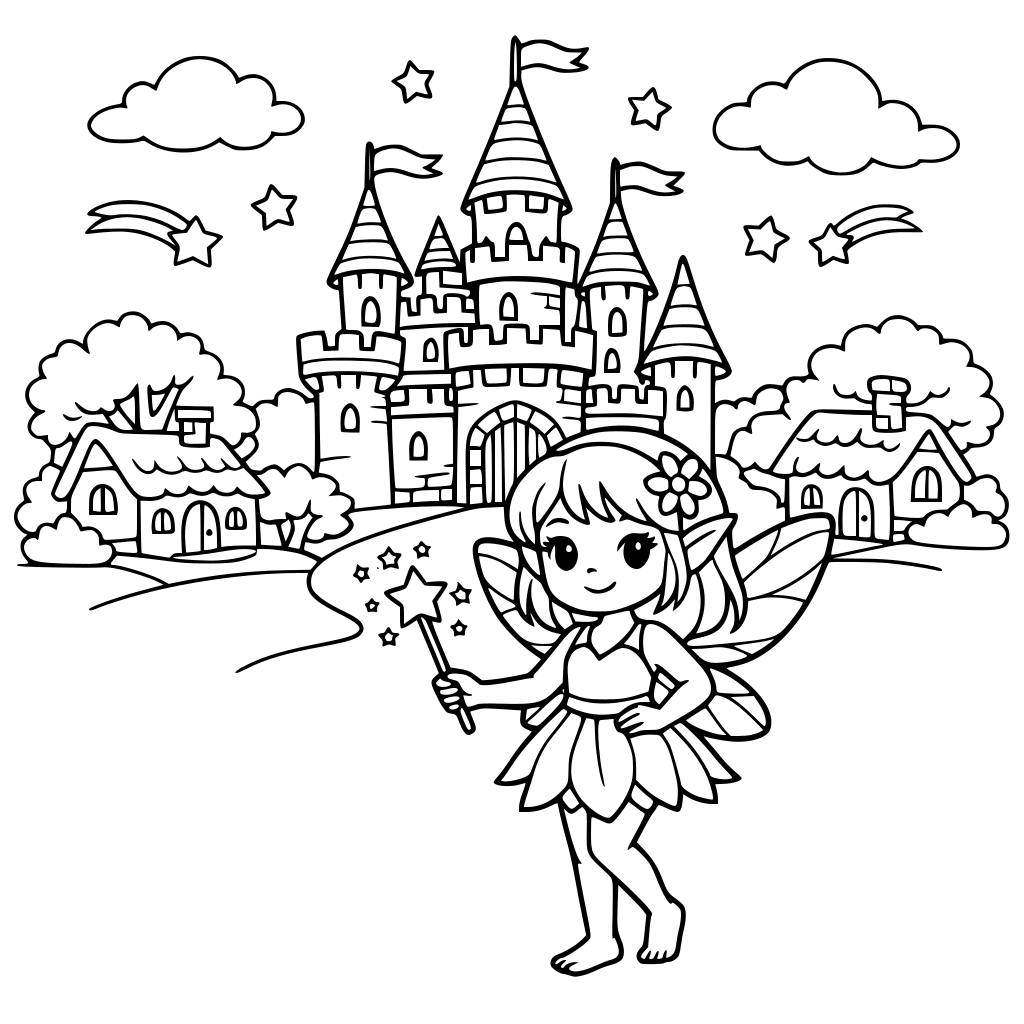 A fairy fin front of a fantasy castle near a fairyland village