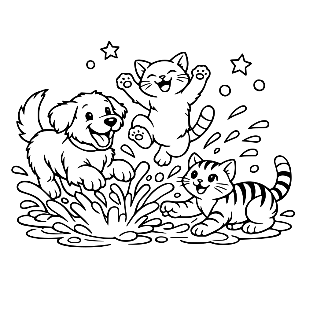 1 dog and 2 cats playing together in garden and water splash