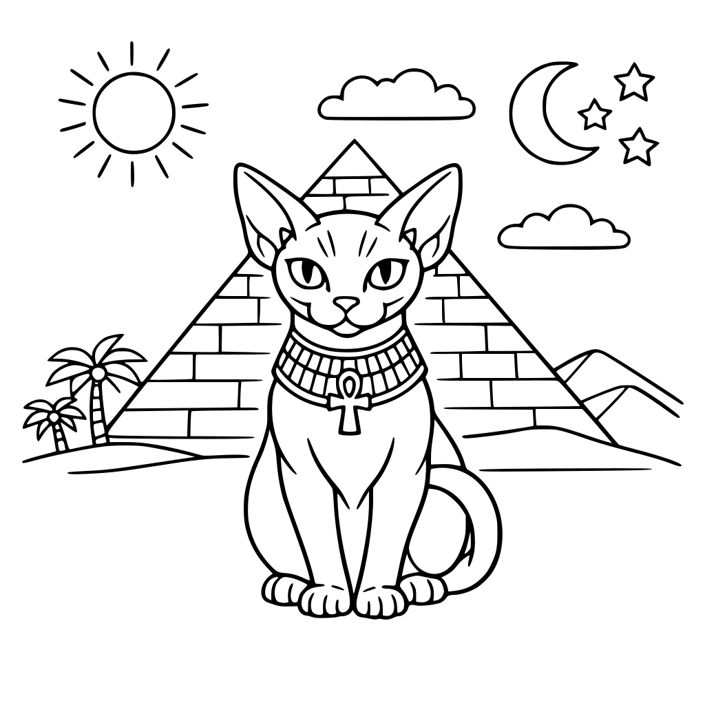 por favor dibuja un gato egipcio delante de una pirámide