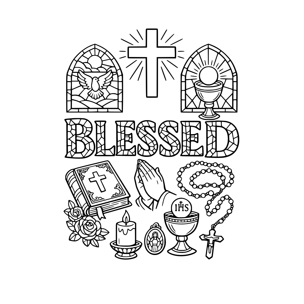 the word blessed with stain glass windows, a book look like its made for catholics, a cross somehwere and religious items