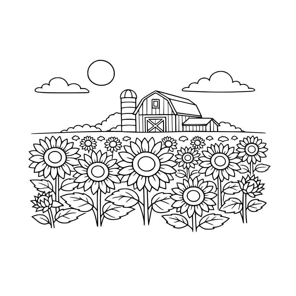 sunflowers growing in a field, barn in the distance.