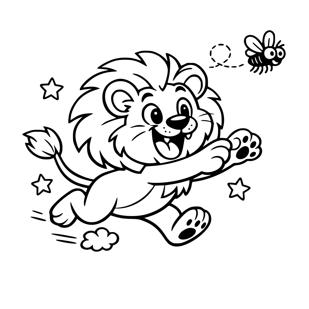 uN LEON GRACIOSO QUE CORRE DETRAS DE UNA MOSCA. eSTILO CARTOON.