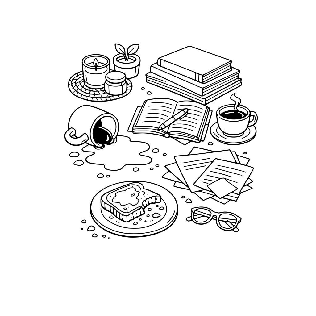 hygge style, cute and cozy, 3d isometric, spilled coffee on table, crumbs, half eaten toast on plate, papers and books. no characters, no animals.