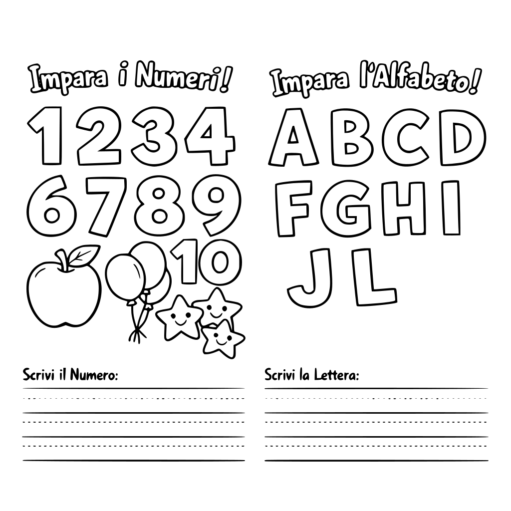 Numeri da colorare, alfabeto da colorare, imparare i numeri , imparare a scrivere