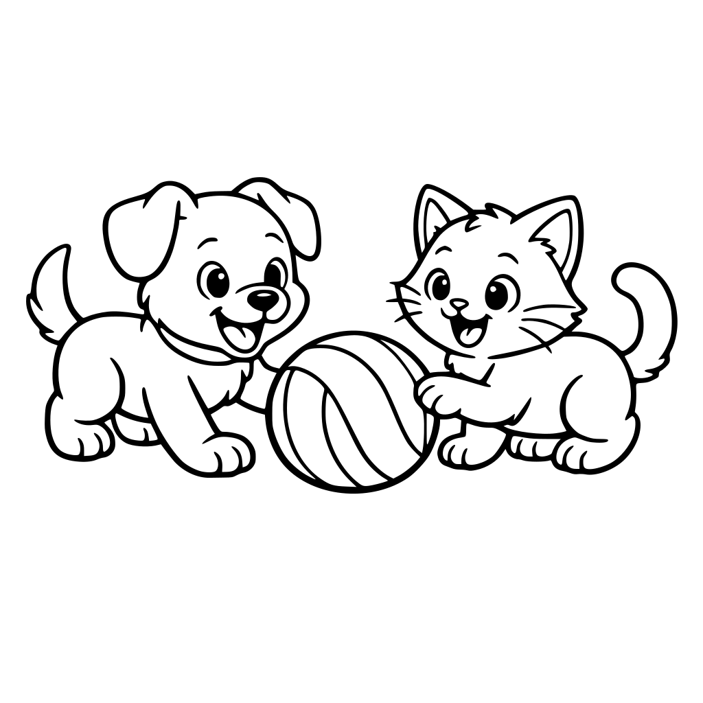 A cute puppy and a kitten playing with a ball together, smiling and interacting, simple background, coloring book line art, black and white, clean outlines, no shading