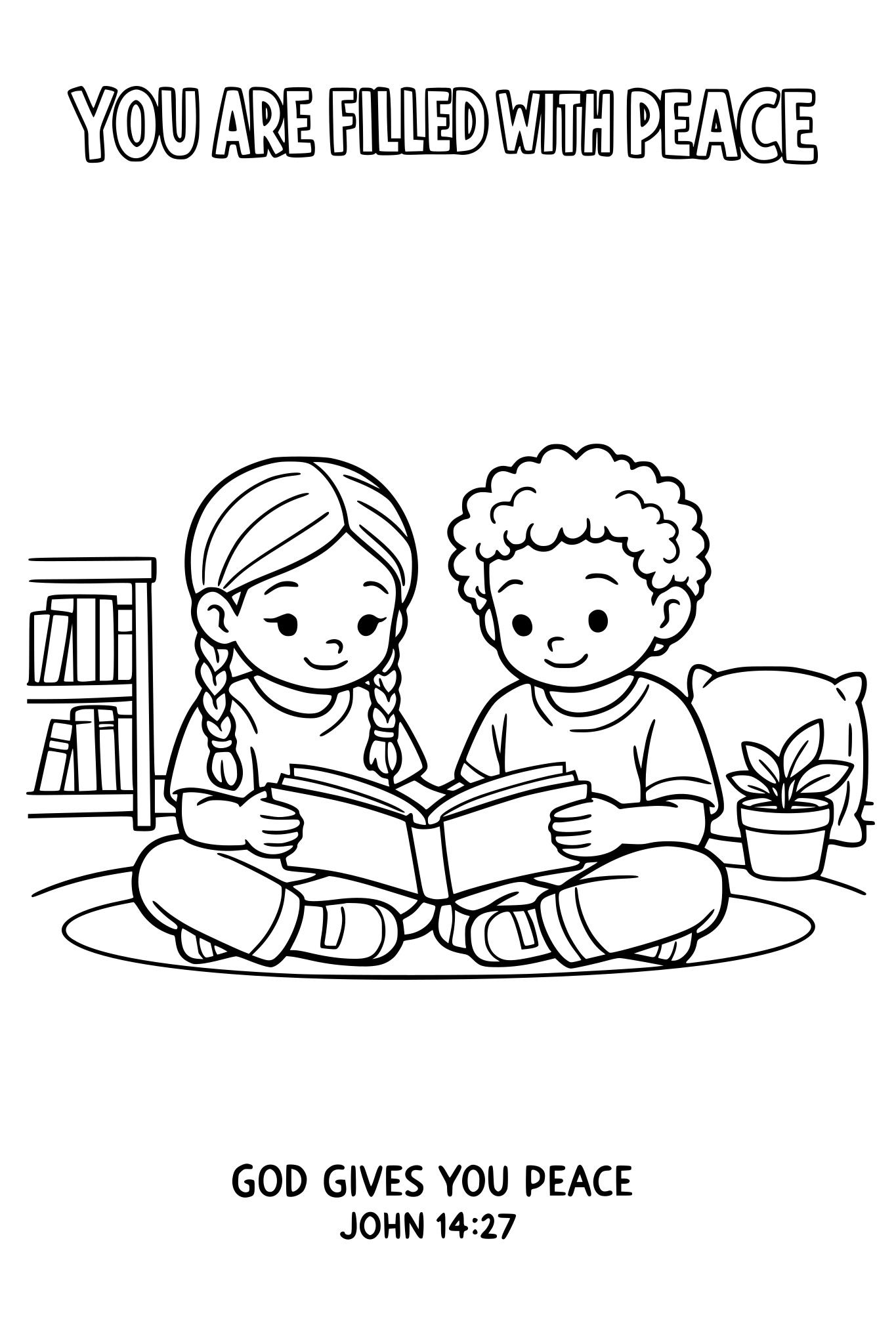 Black and white coloring page, simple kids line art, 2 child