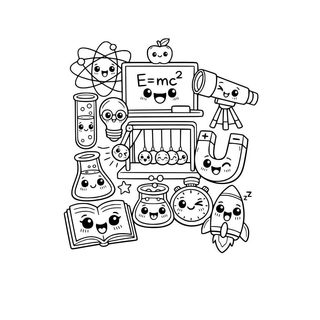 kawaii physics class items. each item has a cute kawaii facial expression. do not repeat items. do not repeat facial expressions.